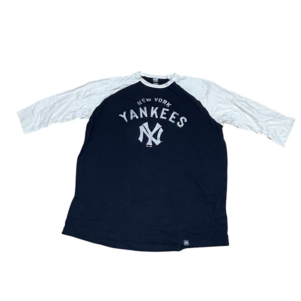 Majestic Cooperstown Collection Men XL Yankees Babe Ruth Raglan Shirt Navy White